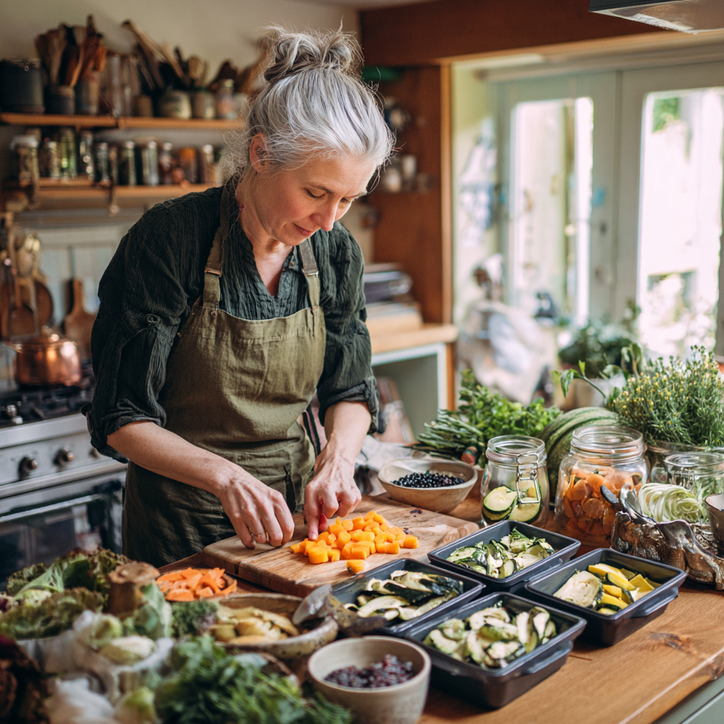 Жена на 54 години, която приготвя разнообразна здравословна храна според персонализиран план