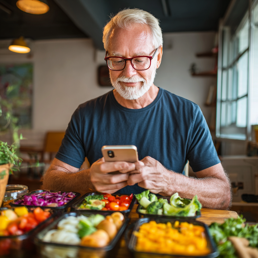 Мъж на 58 години, който разглежда цветни диетични планове на мобилен телефон