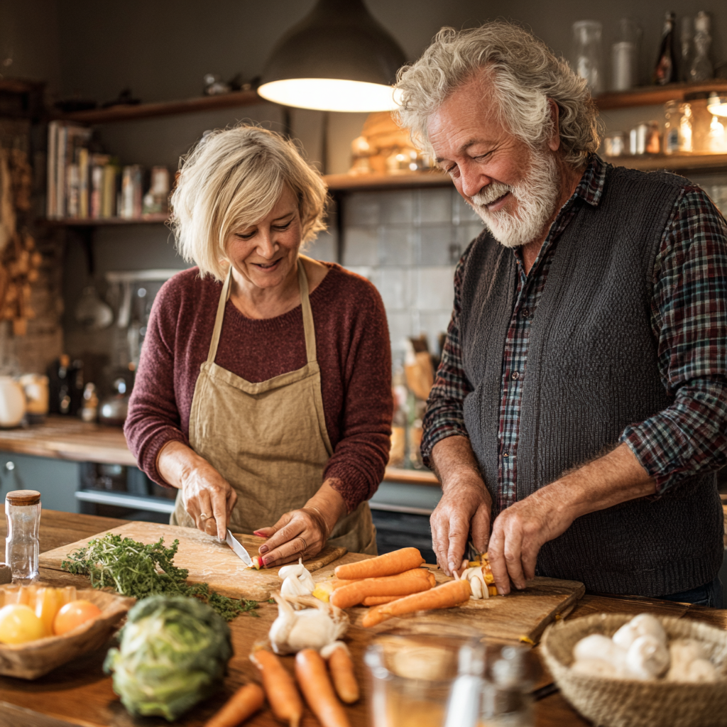 Двойка на 52 и 56 години, която готви здравословна храна заедно в модерна кухня