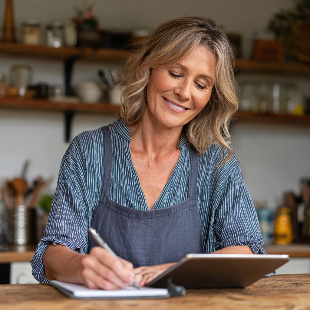 Усмихната жена на 55 години, която попълва формуляр на таблет в кухнята си